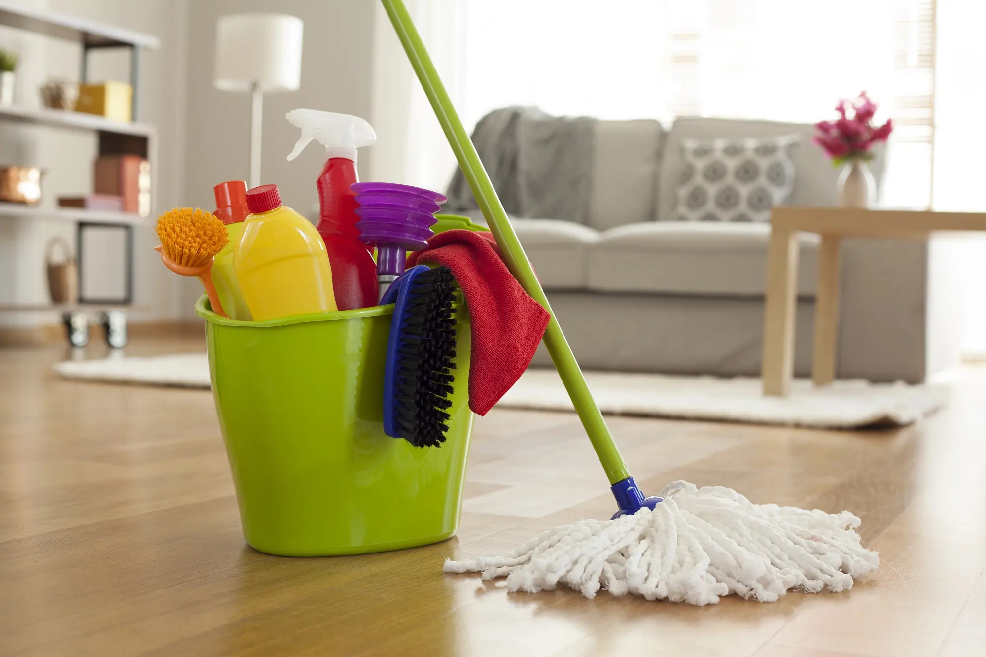 Cleaning supplies arranged in a bucket for home cleaning services in Lodi, CA